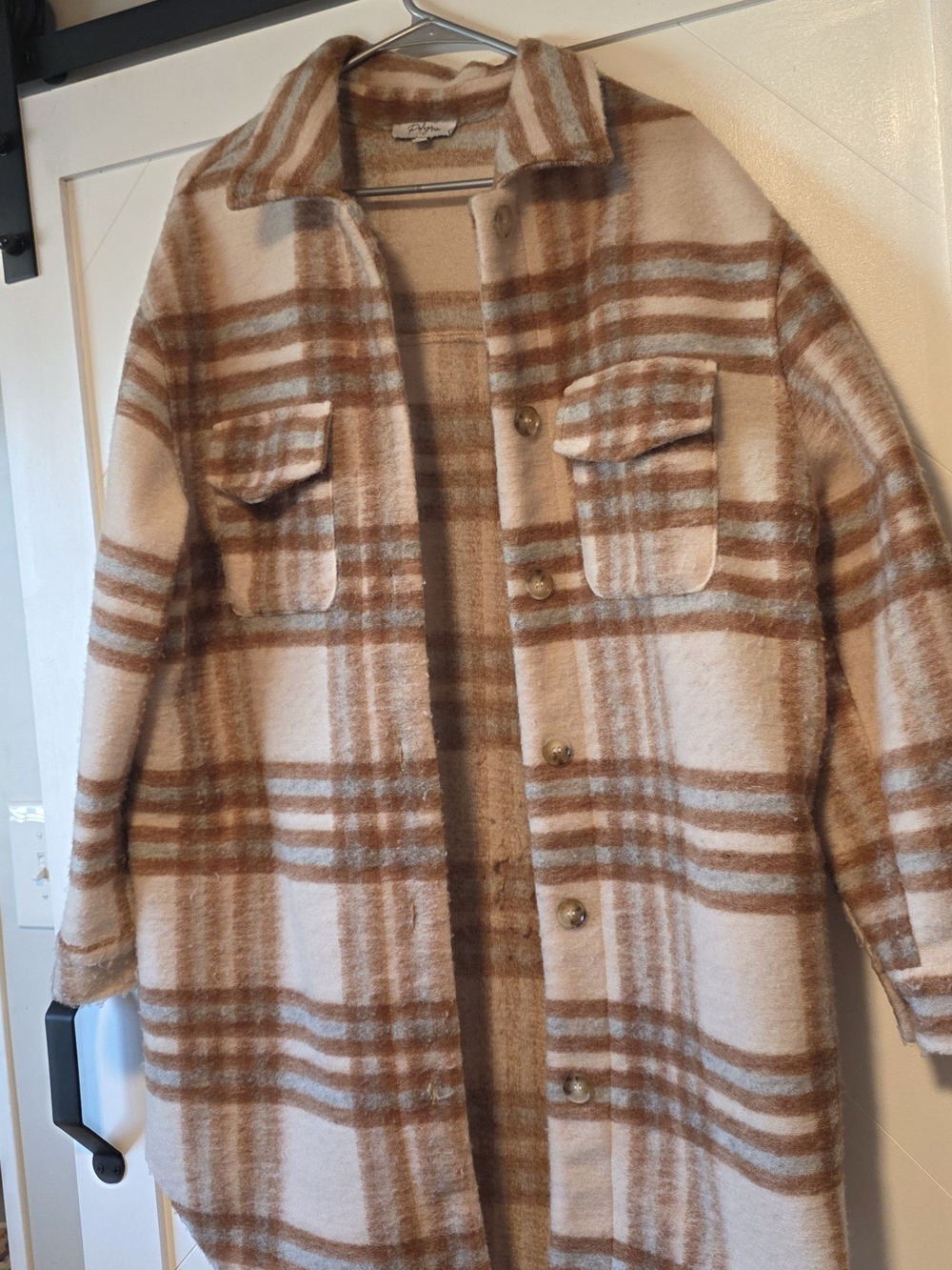 Polagram Cream and Brown Plaid Trench Shacket